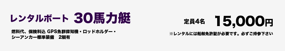 レンタルボート30馬力艇15,000円 定員４人 燃料代、保険料込 GPS魚群探知機・ロッドホルダー・シーアンカー標準装備 ２艇有 ※レンタルには船舶免許証が必要です。必ずご持参下さい