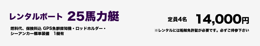 レンタルボート25馬力艇14,000円 定員４人 燃料代、保険料込 GPS魚群探知機・ロッドホルダー・シーアンカー標準装備 １艇有 ※レンタルには船舶免許証が必要です。必ずご持参下さい