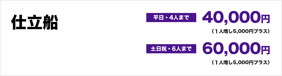 平日４人まで40000円　１人増し5000円プラス　土日祝６人まで60000円　１人増し5000円プラス