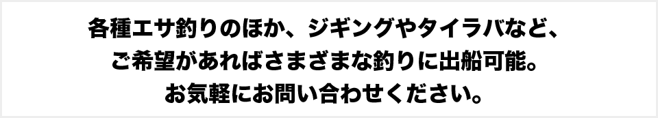 各種エサ釣りのほか、ジギングやタイラバなど、ご希望があればさまざまな釣りに出船可能。お気軽にお問い合わせください。