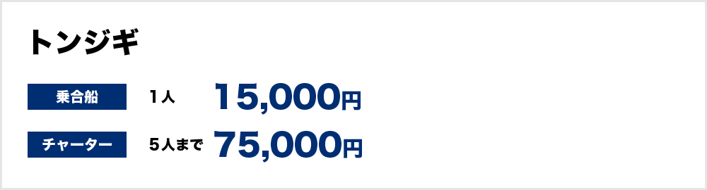 トンジギ　＜乗合船＞１人15,000円　＜チャーター＞75,000円（5人まで）