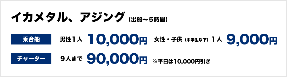 イカメタル、アジング（出船～５時間）　＜乗合船＞男性１人１万円、女性、子供（中学生以下）9,000円　＜チャーター＞90,000円（9人まで）　※平日は１万円引き