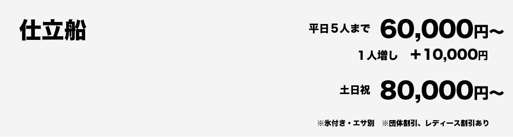 仕立船　平日５人まで60,000円～　１人増し＋10,000円　土日祝80,000円～　※氷付き・エサ別　※団体割引、レディース割引あり