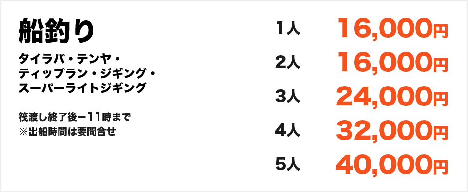 船釣り（タイラバ・テンヤ・ティップラン・ジギング・スーパーライトジギング）　1人16000円 2人16000円 3人24000円 4人32000円 5人40000円　筏渡し終了後－11時まで　※出船時間は要問合せ