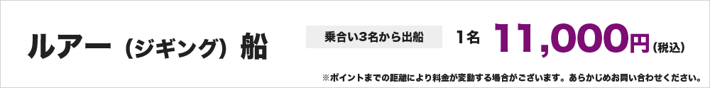 ルアー(ジギング）船 ※乗合い３名から出船　１名11,000円 ※ポイントまでの距離により料金が変動する場合がございます。あらかじめお問い合わせください。