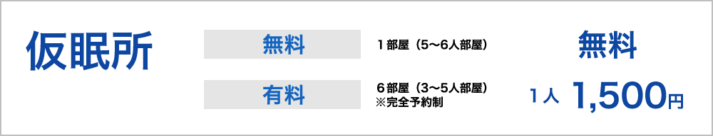 仮眠所 無料1部屋（5－6人部屋） 有料：1人1500円６部屋（3－5人部屋）※完全予約制