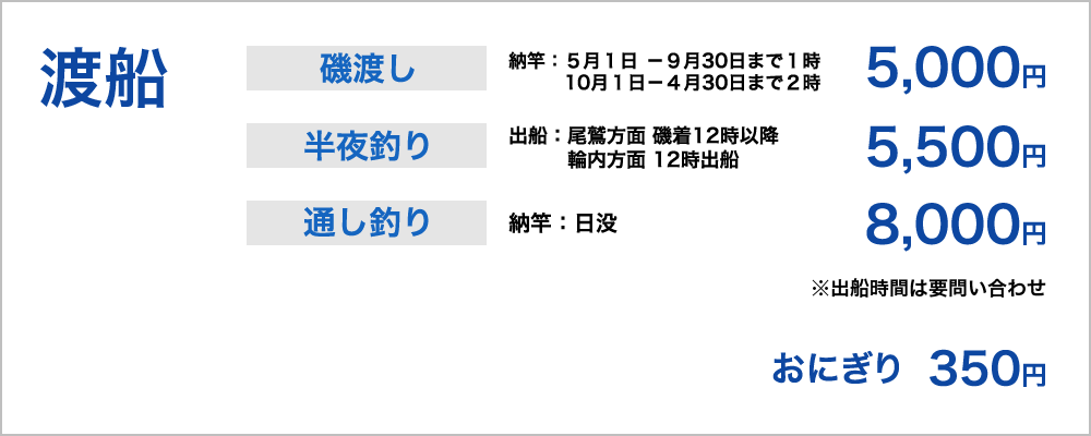 渡船料金磯渡し：5000円（納竿：５月１－９月30日まで１時、10月１－４月30日まで２時）半夜釣り：5500円（出船：尾鷲方面磯着12時以降、輪内方面12時出船）通し釣り：8000円（納竿：日没）※出船時間は要問い合わせ　おにぎり350円